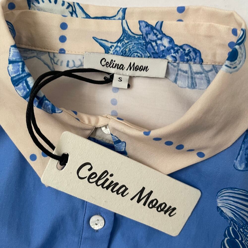 NWT Celina Moon x Anthropologie Shell Print Tie Waist Midi Shirt Dress - Size S - Picture 5 of 7
